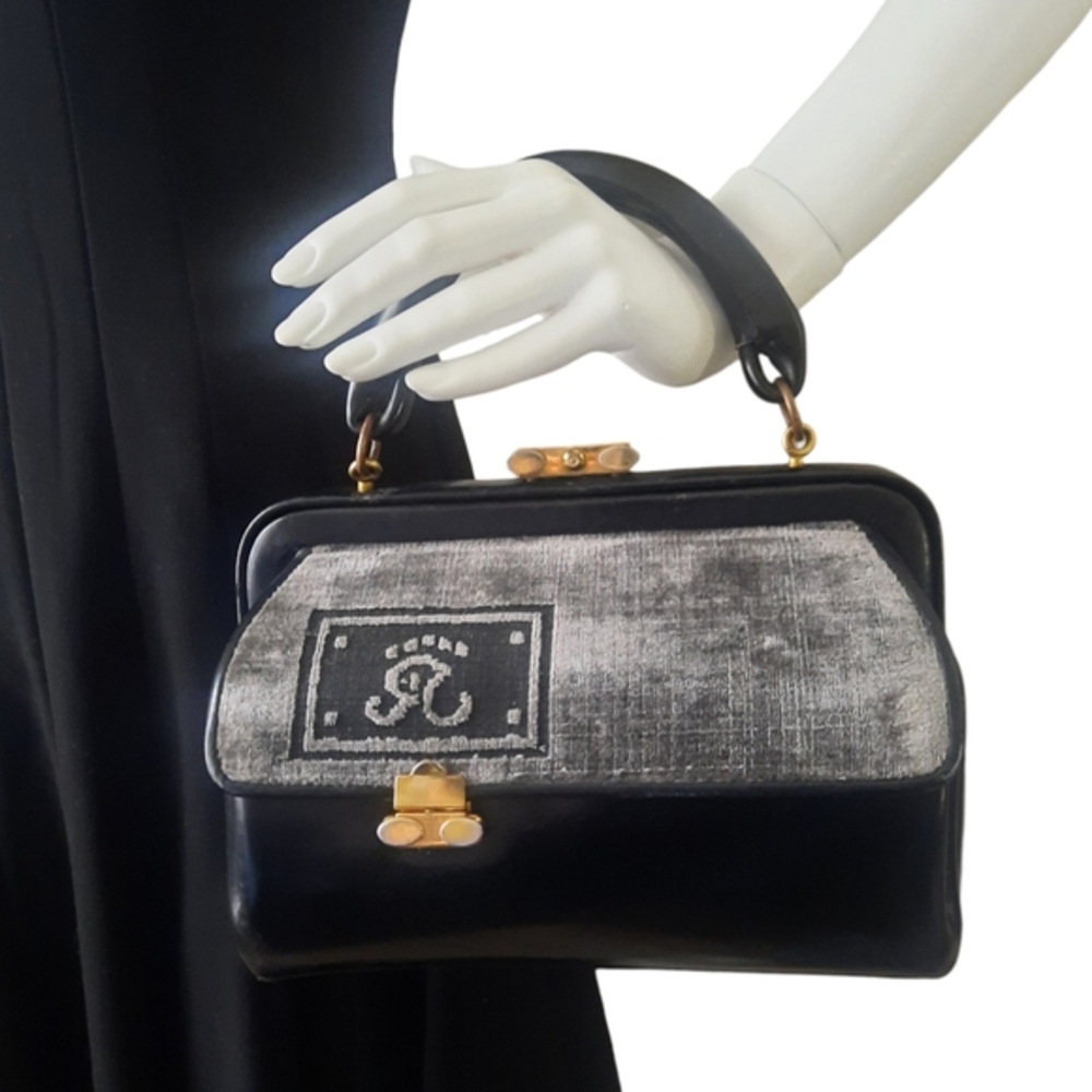 ROBERTA DI CAMERINO Vintage Leather Bagonghi Bag w/ Velvet Trim Black/Grey